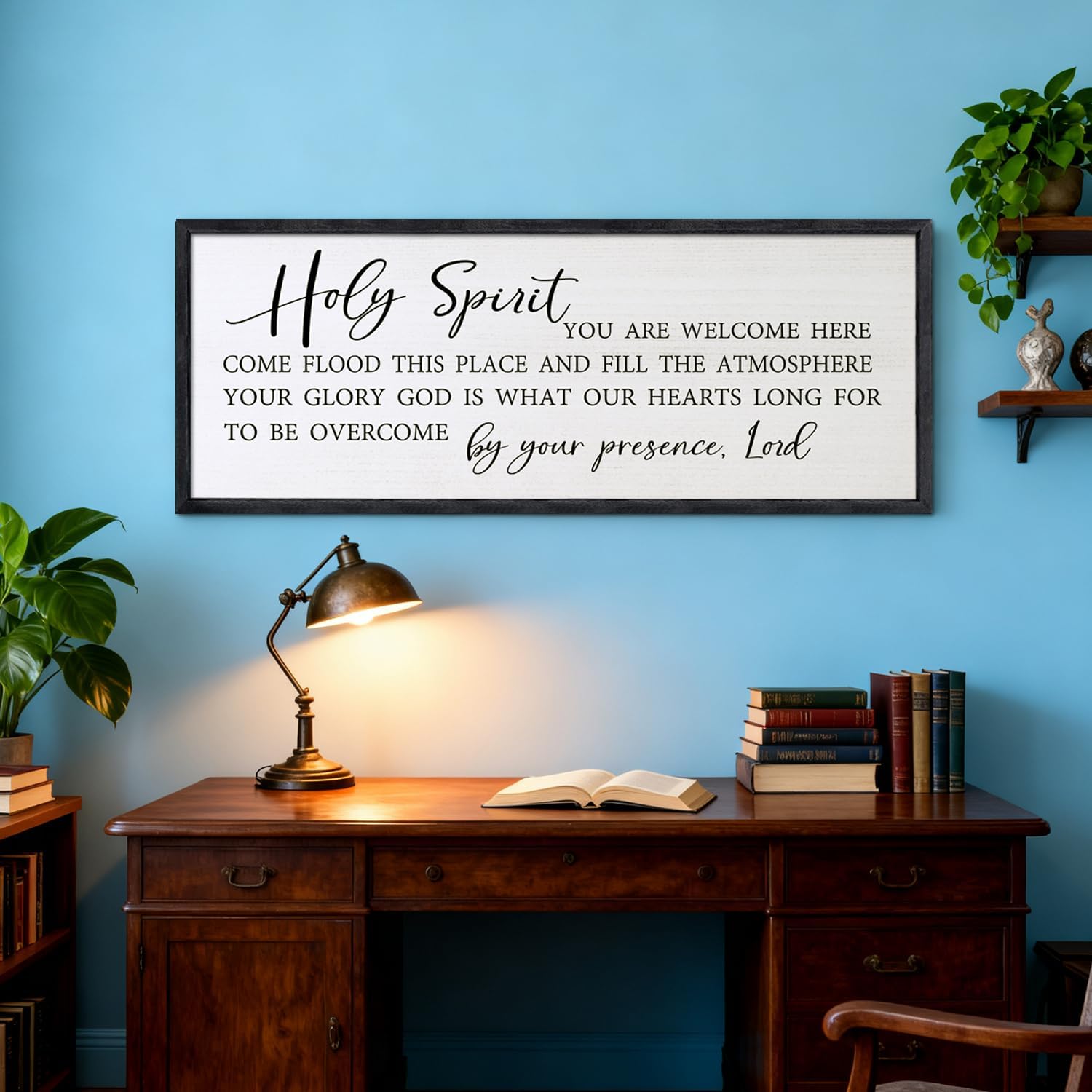 Foutcheou Christian Inspirational Wall Decor Holy Spirit You are Welcome Here Sign 32" x 12" Scripture Quote Faith-Inspired Bible Verse Prayer Space for Bedroom Living Room Wall Art (Black)
