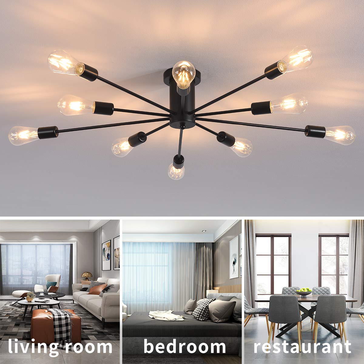Half Flush Żyrandol Lampa sufitowa, 10 Light E27 Nowoczesna czarna lampa sufitowa Przemysłowe oświetlenie sufitowe Lampa wisząca do kuchni Jadalnia Salon Sypialnia