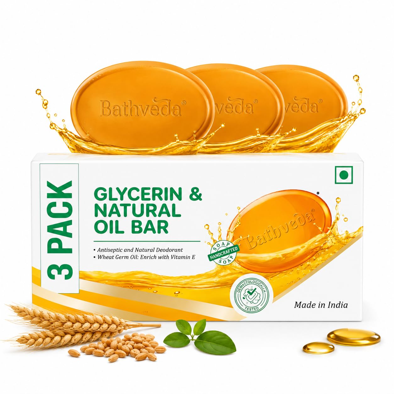Bathveda Glycerin & Natural Oil Bath Soap Bar | Gentle Cleansing Soap for Soft, Smooth & Glowing Skin | Moisturizing Herbal Bath Bar with Vitamin E | Suitable for All Skin Types Pack of 3 (125g Each)-image-24