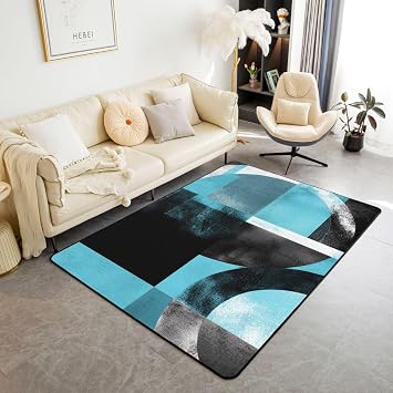 Blue Black White Area Rug 3x5 for Girls Boys Kids Geometric Abstract Decorative Carpet Set Room Decorative Glitter Rugs for Living Room Bedroom Luxury Indoor Floor Mat Abstract No Glitter