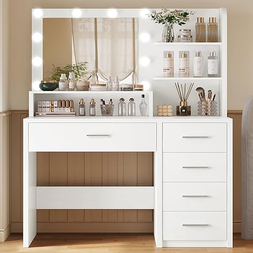 Escritorio de maquillaje con espejo y luces, tocador con 5 cajones y 3 estantes de almacenamiento, 3 modos de color y brillo ajustable, tocador para