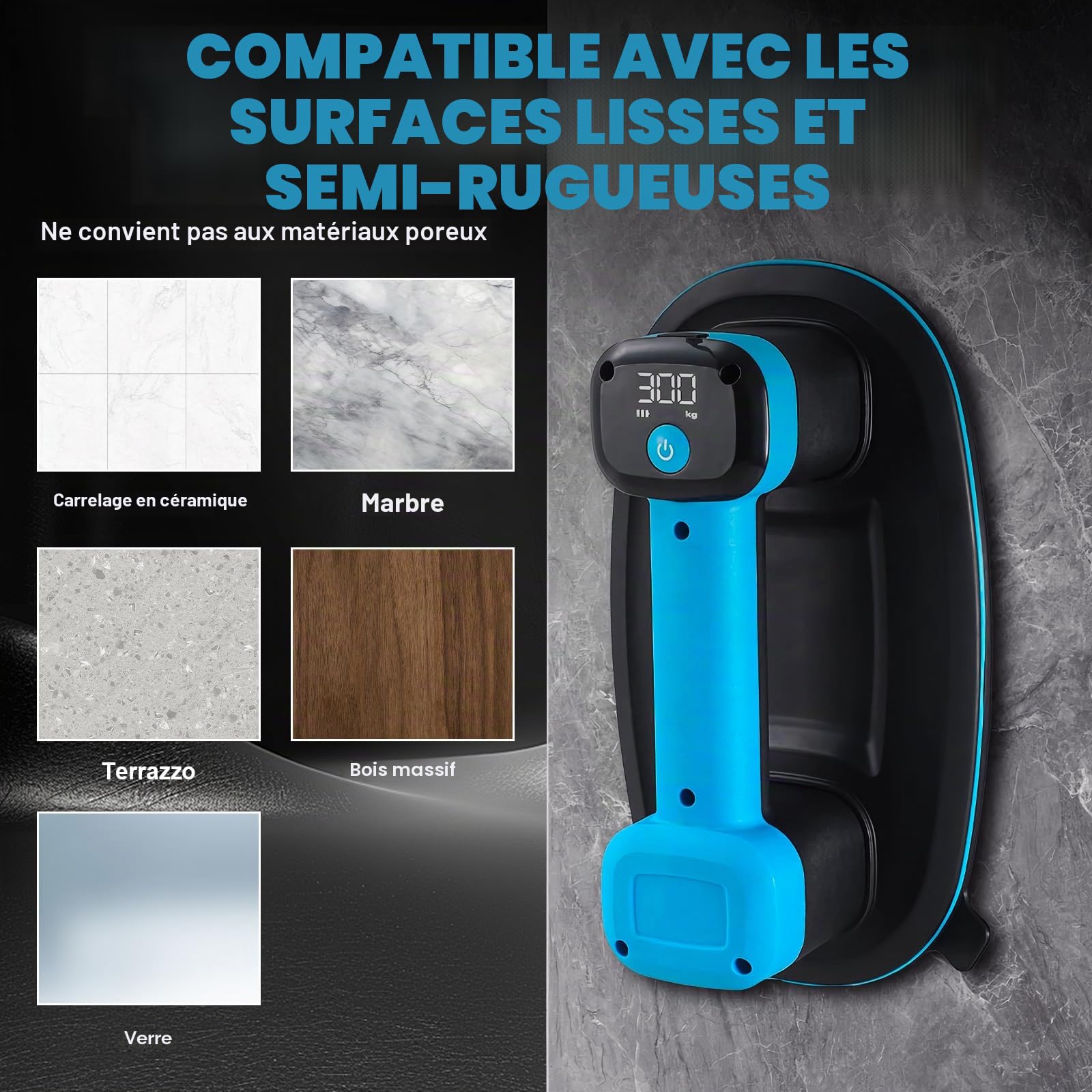 Ventouse électrique, ventouse à batterie 24 x 16 cm, lève-vitre avec puissance d'aspiration de 300 kg, batterie 4500 mAh, écran LCD pour verre, carrelage, marbre