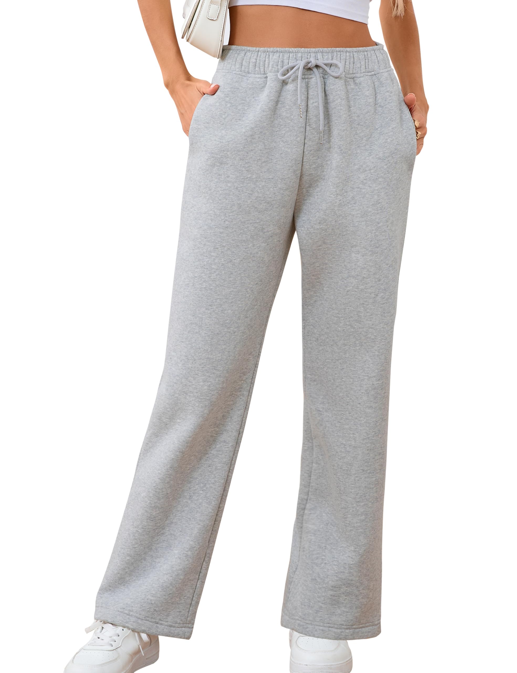 Womens Fleece Lined Sweatpants High Waisted Drawstring Cozy Baggy Straight Leg Pants with Pockets