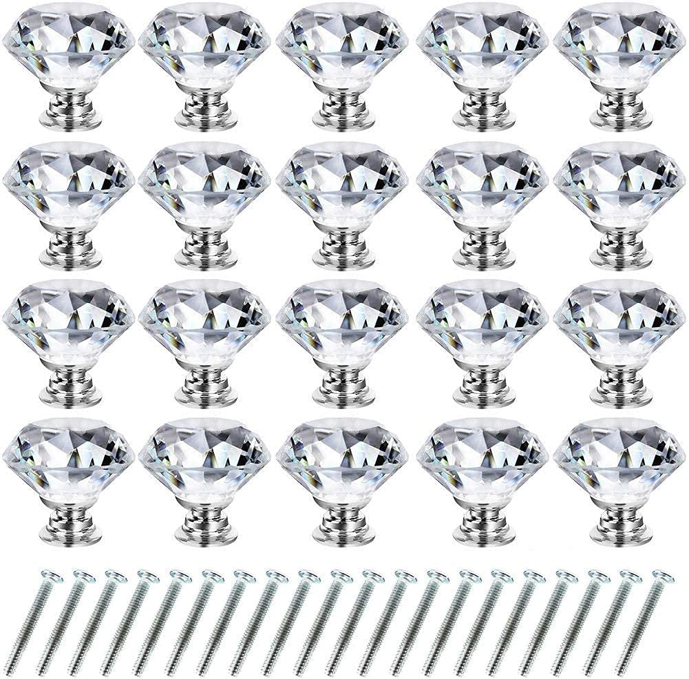 20 Pcs Crystal Cabinet Knob 30mm Knob Handles Transparent Diamond Crystal Cabinet Drawer Cabinet Door Knob with Screws for Home Office Chest Cabinet Drawer