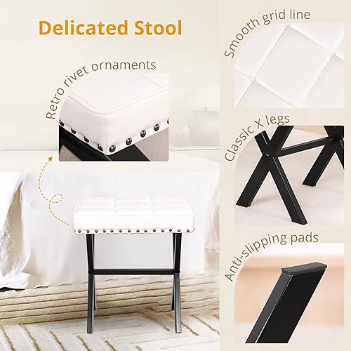 Miniatura 7 de LUE BONA Taburete de tocador blanco, asiento cuadrado de piel sintética con patas en X de metal, pequeña silla otomana para sala de maquillaje, sala