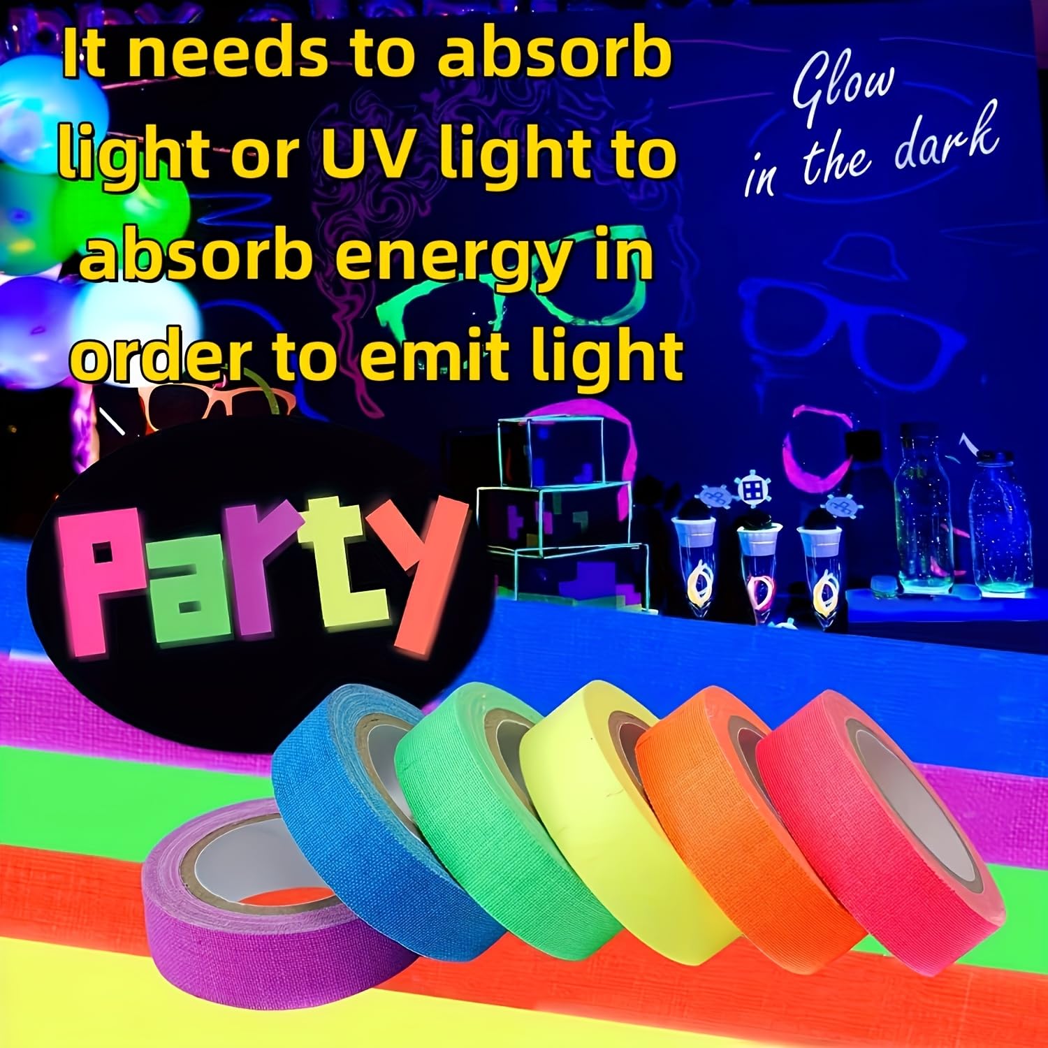 6 Colors Neon Gaffer Cloth Tape Fluorescent Rainbow Color UV Blacklight Tape Neon Duct ReflectiveTape for UV Party Theatres Staged Dark Areas