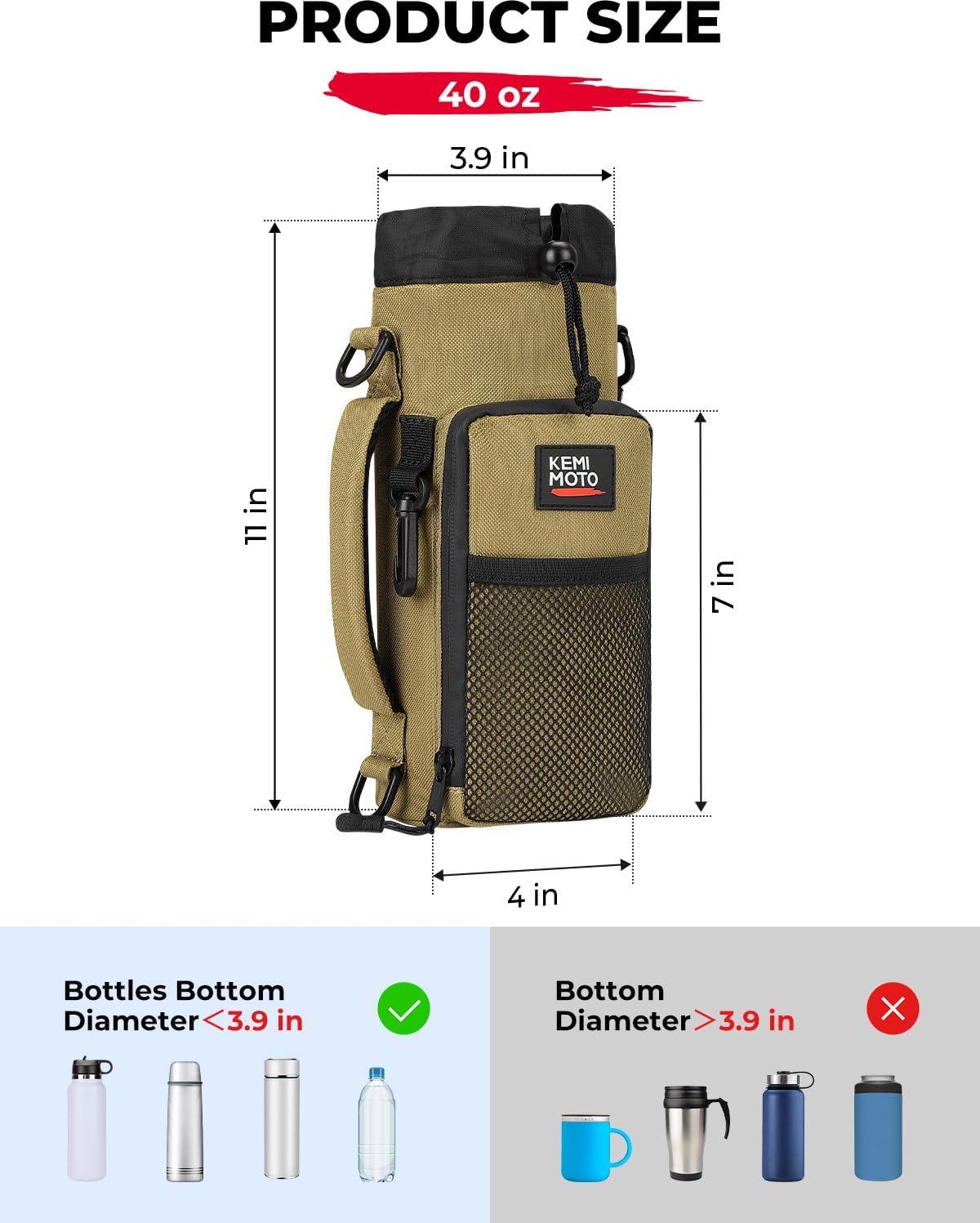 KEMIMOTO Water Bottle Holder Bag, Water Bottle Carrier with Adjustable Shoulder Strap, Water Bottle Pouch Holder for Hiking, Camping, Fishing, Compatible with YETI Stanley SLM 32 oz, 40 oz, 64 oz - Image 6