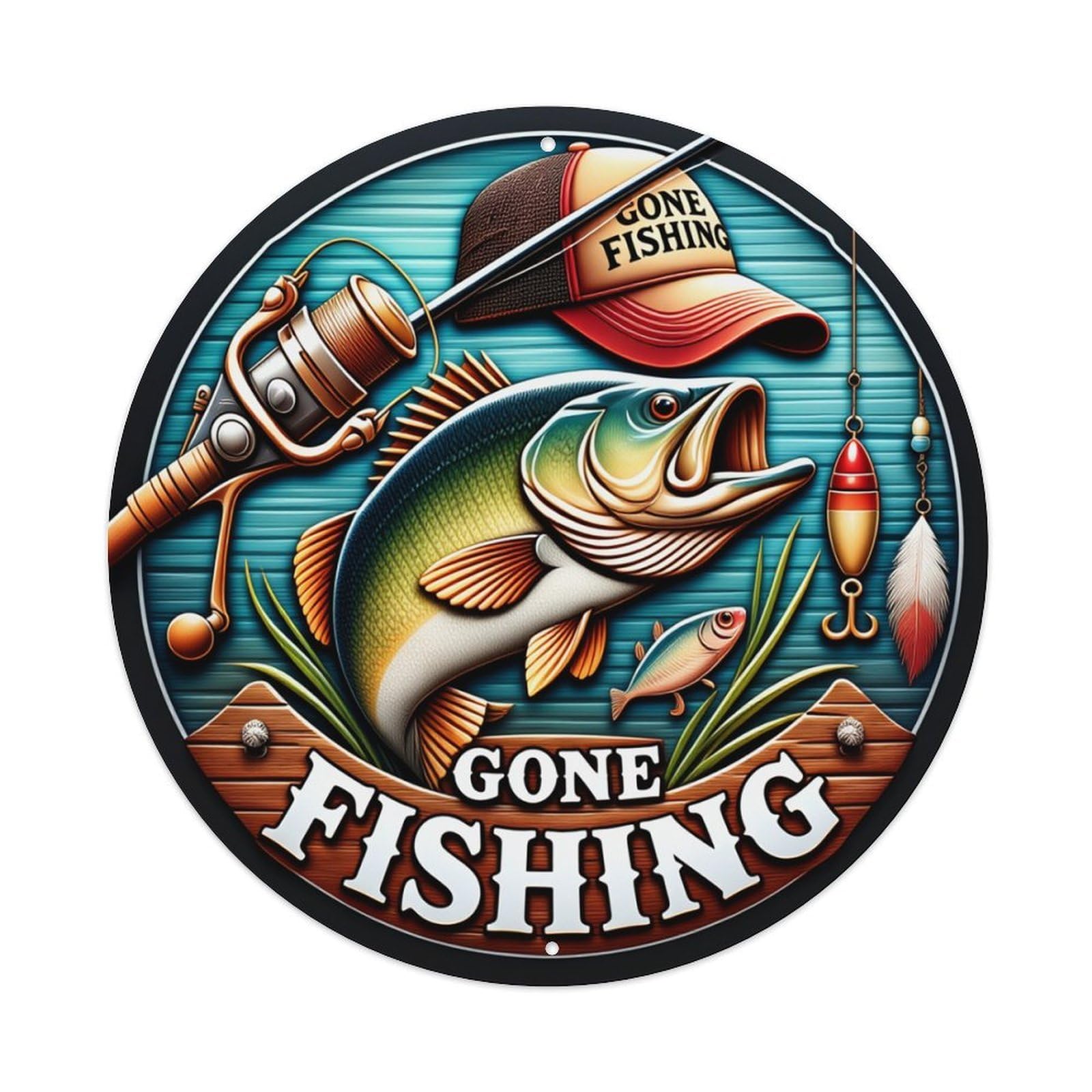 Fishing Rod Hat Lure Fish Water Round Tin Sign Retro Metal Sign for Cafe Bar Pub Home Game Room Gym Club Wall Decoration Vintage Metal Poster 8x8 Inch