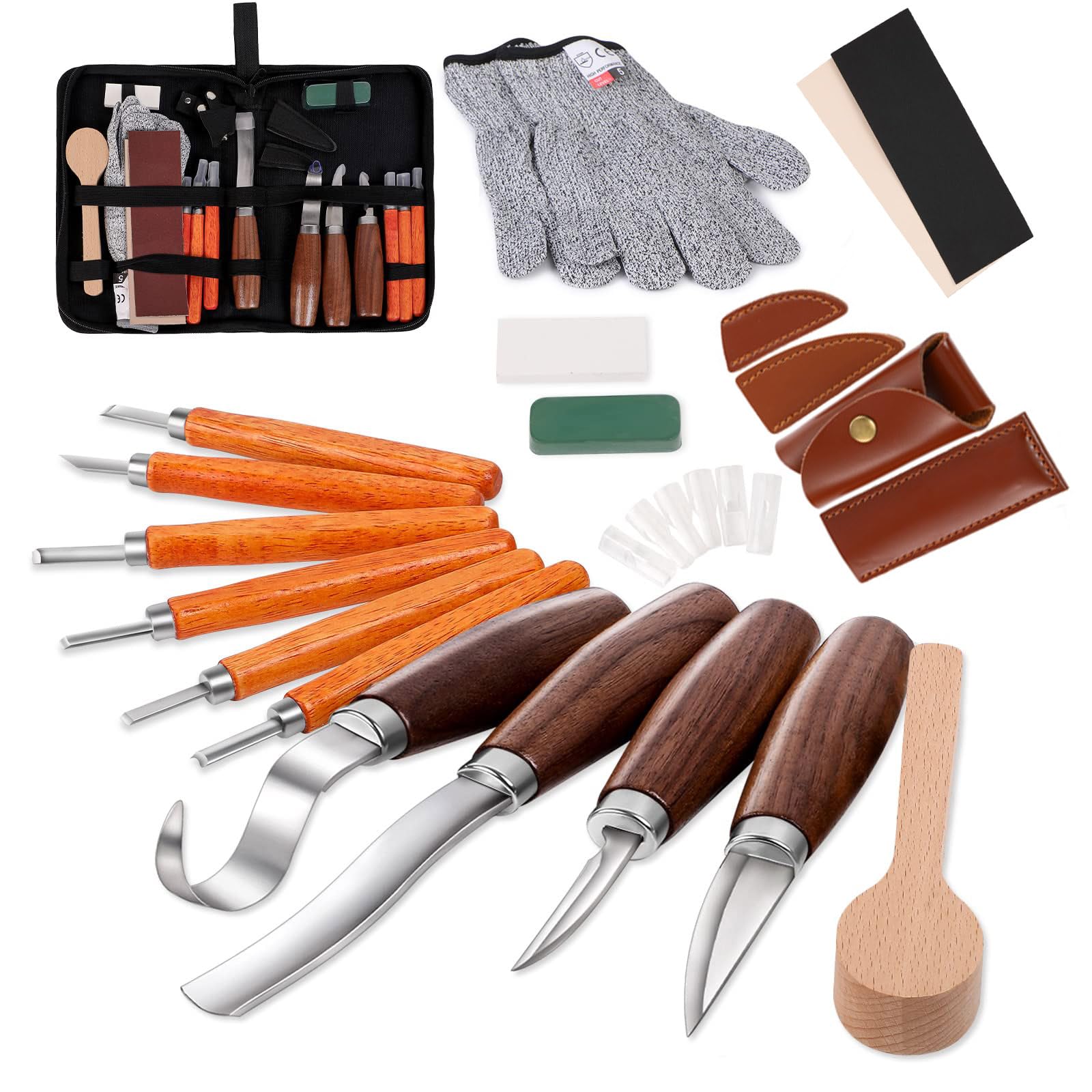 Wood Carving Tools Set,Detail and Hook Carving Knife Kit for Beginners,Trimming Knife for Spoon Bowl Cup Woodwork,Round handle design and 6pcs SK2 Carbon Steel Wood Carving Knives(10pcs)