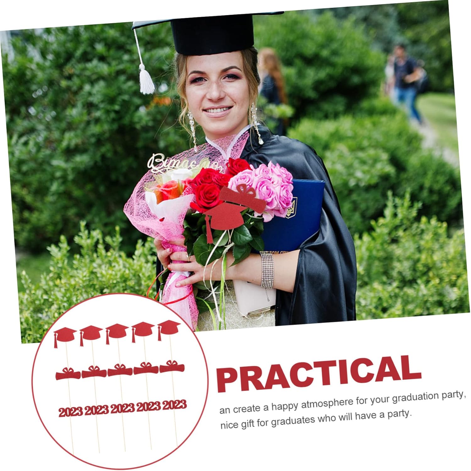 BESTOYARD 75 Pcs Graduation Vase Plugin Cake Decorating Diy Photo Prop Graduation Themed Vase Stick Graduation Party Layout Decor Congrats Grad Centerpiece Stick Mesa Paper Flowers Label Red