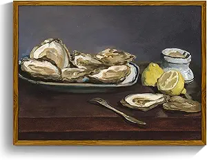 crmotu Vintage Framed Wall Art, Oysters and Lemon Kitchen Decor Painting, Still Life Artwork Canvas Prints, Rustic Farmhouse Wall Decor Living Room Dining Room Tabletop Aesthetic Pictures 12x16in