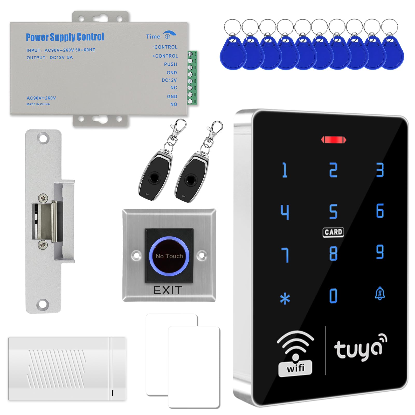 Kit sistema di controllo accessi graffiti WiFi, tastiera RFID impermeabile, serratura elettrica NC, alimentatore 5A, pulsante di uscita a infrarossi, campanello a due fili, 10 portachiavi 13,56 MHz, 2