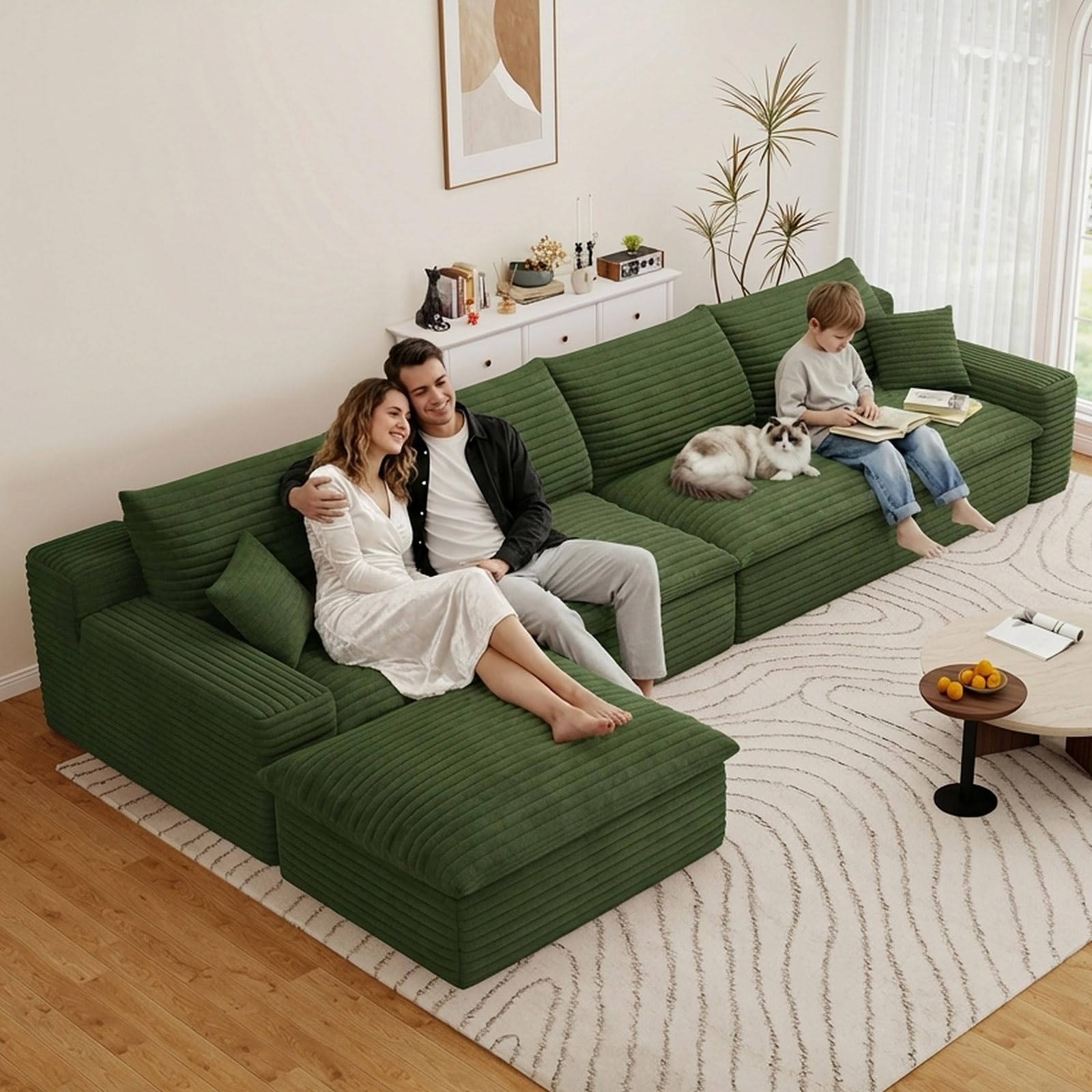 136" Cloud Couch Modular Sectional Sofa for Living Room, L-Shape Boneless Couch with Deep Seat, Modern Corduroy 6-Seater with Ottoman, No Assembly Required,Green