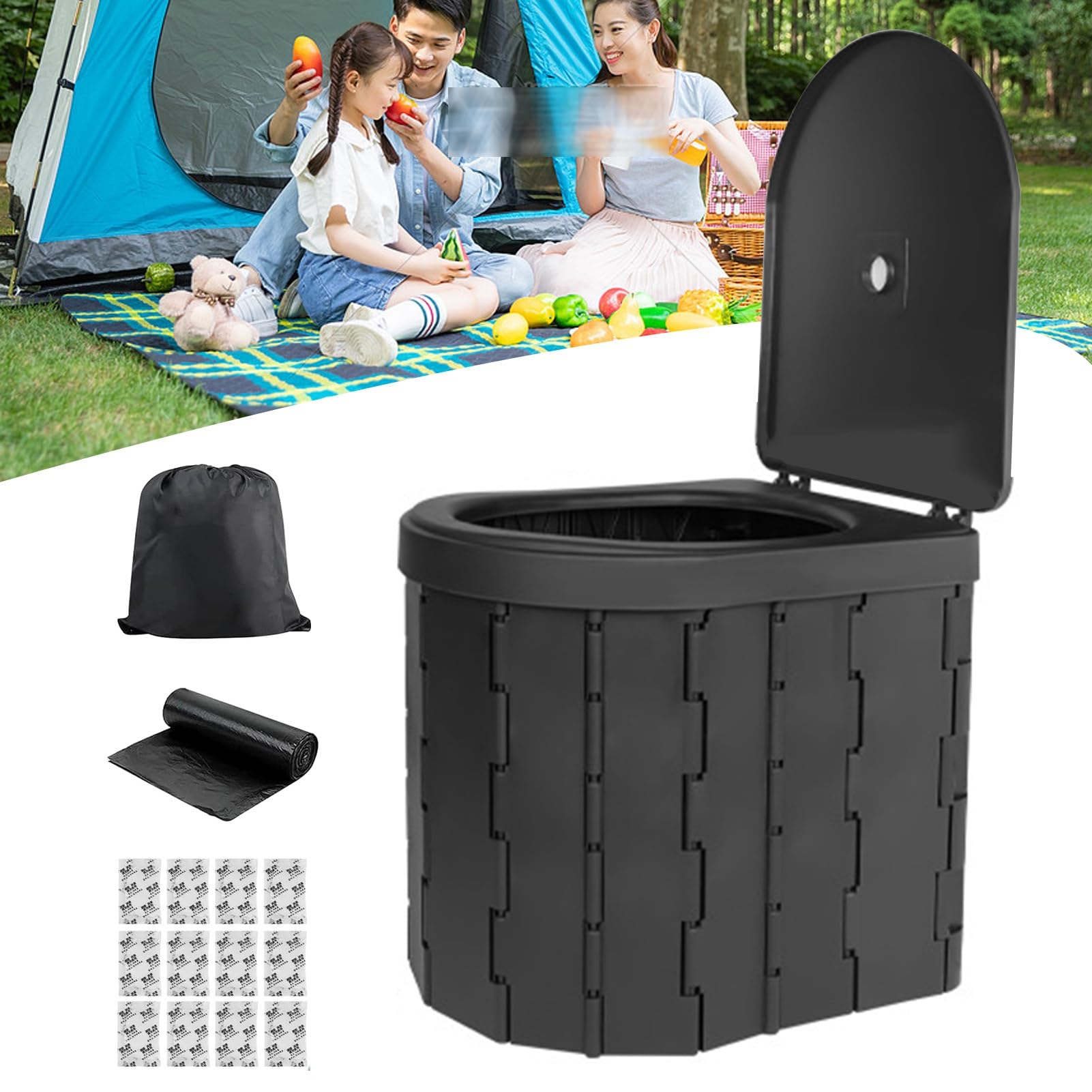 Tragbare Toilette für Camping, Tragbare Toilette für Erwachsene Falten mit Deckel Camping Reise schwimmende Toilette, Einfache Einrichtung, Reisetoilette(Black)