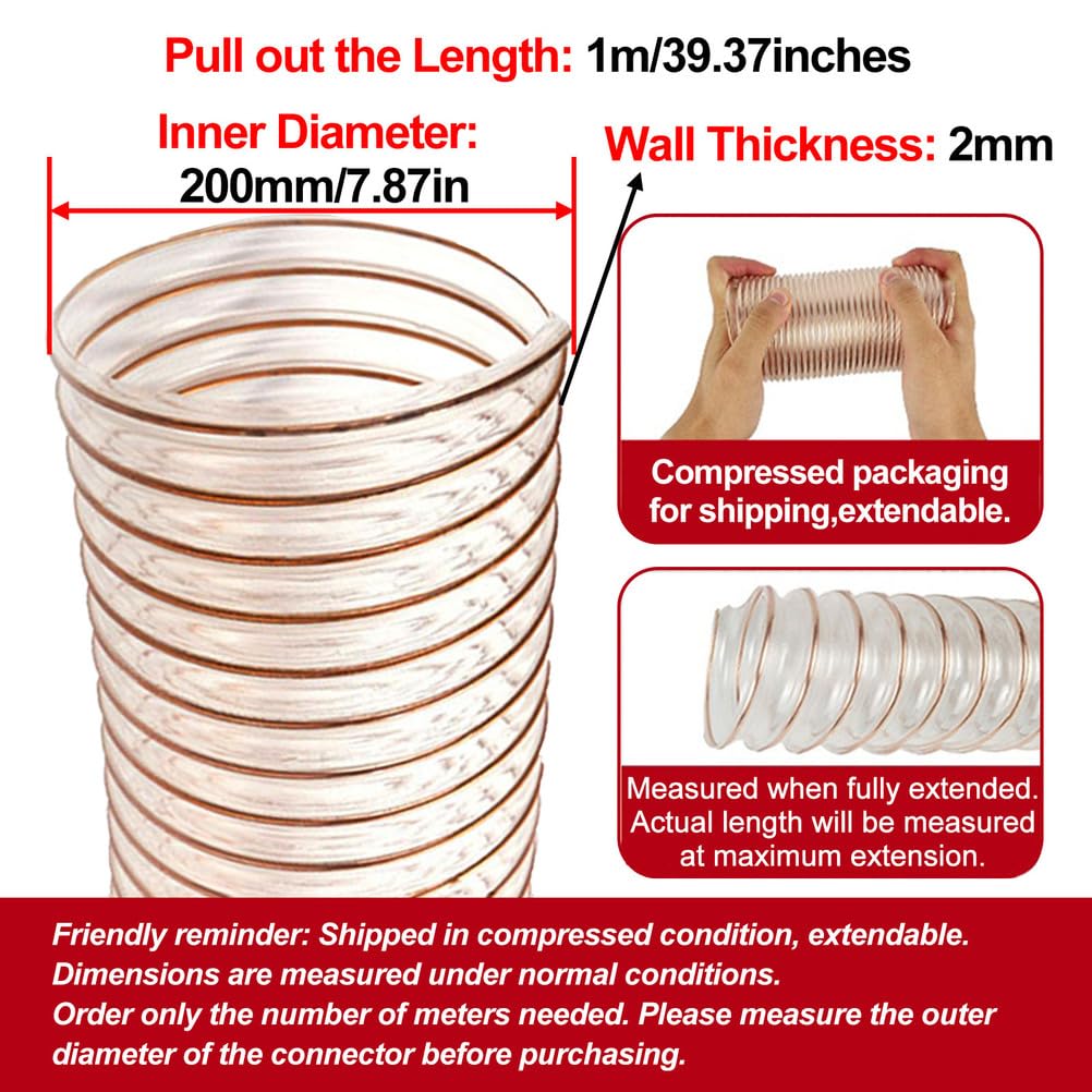 Conducto De Aire Industrial, Tubo De Poliuretano Transparente, Manguera Flexible De 1 M, Resistencia Excepcional, Diámetro Interior De 200 MM, Tubo Telescópico,Wall Thickness 2mm