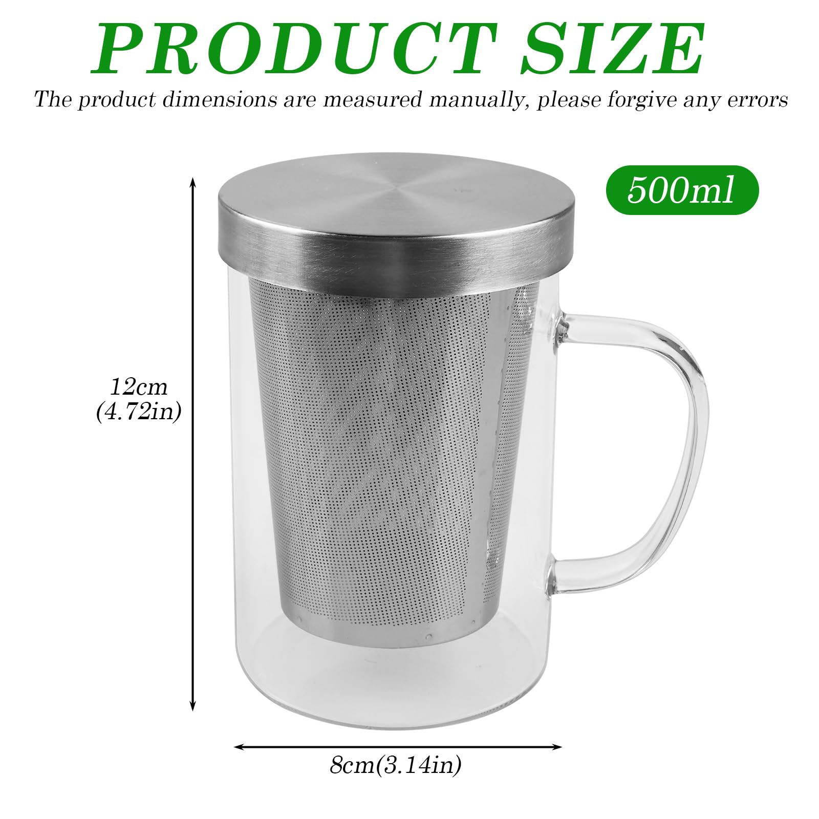 2 Vasos de Té con Tapa y Colador de Cristal, 500 ml, Resistente al Calor con Mango, Para Preparar Té y Té Perfumado