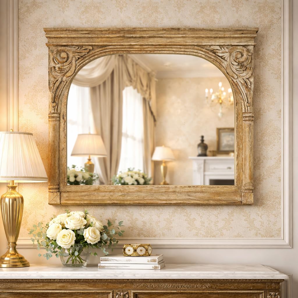 Buy SANT INTERNATIONAL Carved Wooden Wall Mirror, Arched, Natural