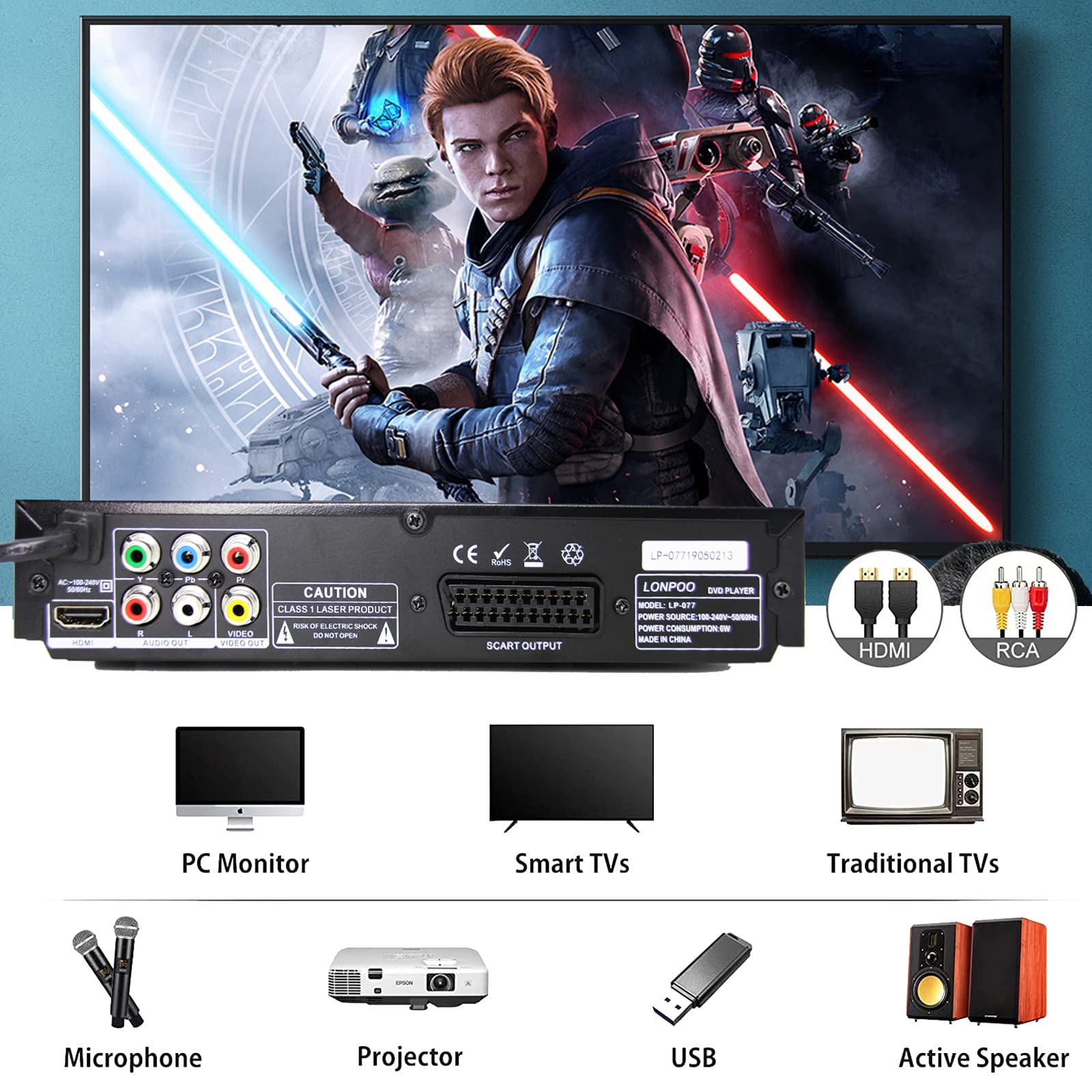 LP-077 HD Lettore DVD per TV - Lettore CD/DVD Compatto Uscita SCART/HDMI/RCA, Ingresso USB, Uscita Microfono x 2, multi-regionecon,Cavo HDMI e RCA inclusi