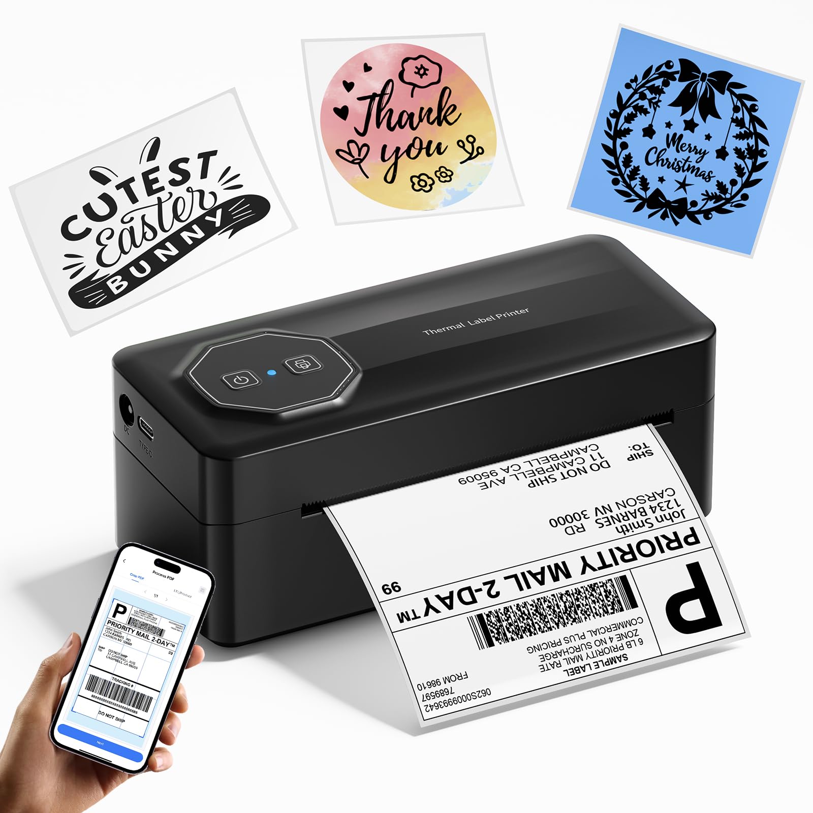 TATTMUSE Stampante termica Bluetooth da 4 x 6 pollici – Stampante per etichette di spedizione compatibile con DHL, Amazon, FedEx, Shopify, Etsy e Royal Mail. Ideale per codici a barre, etichette