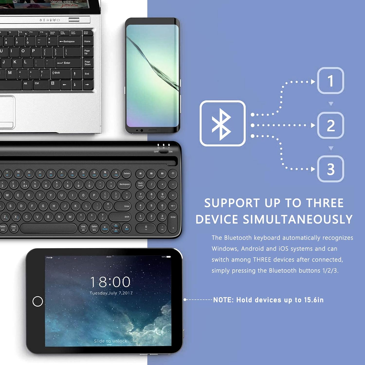 Bluetooth Keyboard with Tablet/Phone Holder, Compact Portable Bluetooth