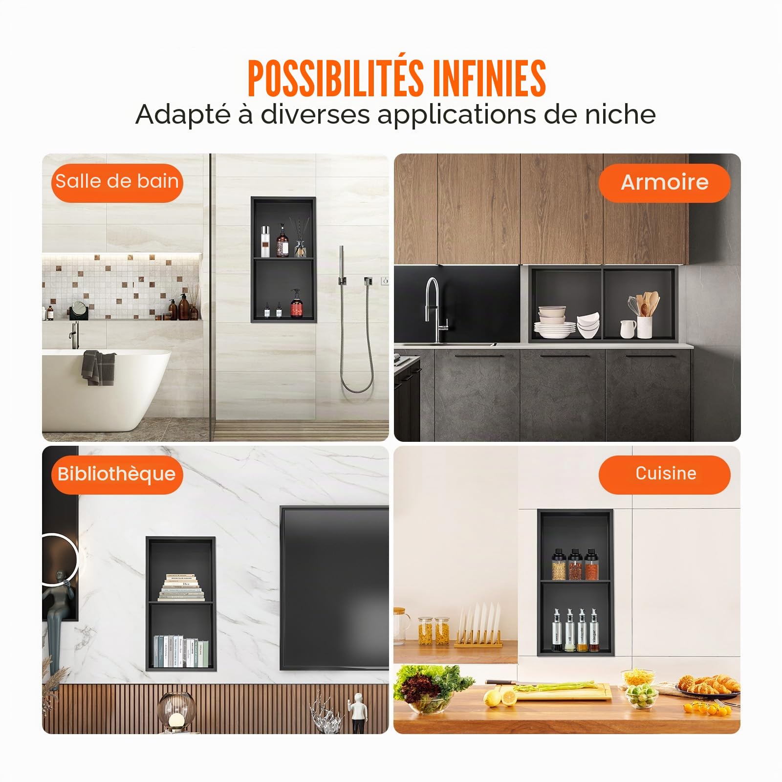 VEVOR Niche Encastrable Salle de Bain 33,02x63,5 cm Niche Douche Murale Double Étagère Acier Inoxydable 304 Scellée Étanche Facile à Nettoyer Moderne pour Stockage de Savon Douche Salle de Bains, Noir