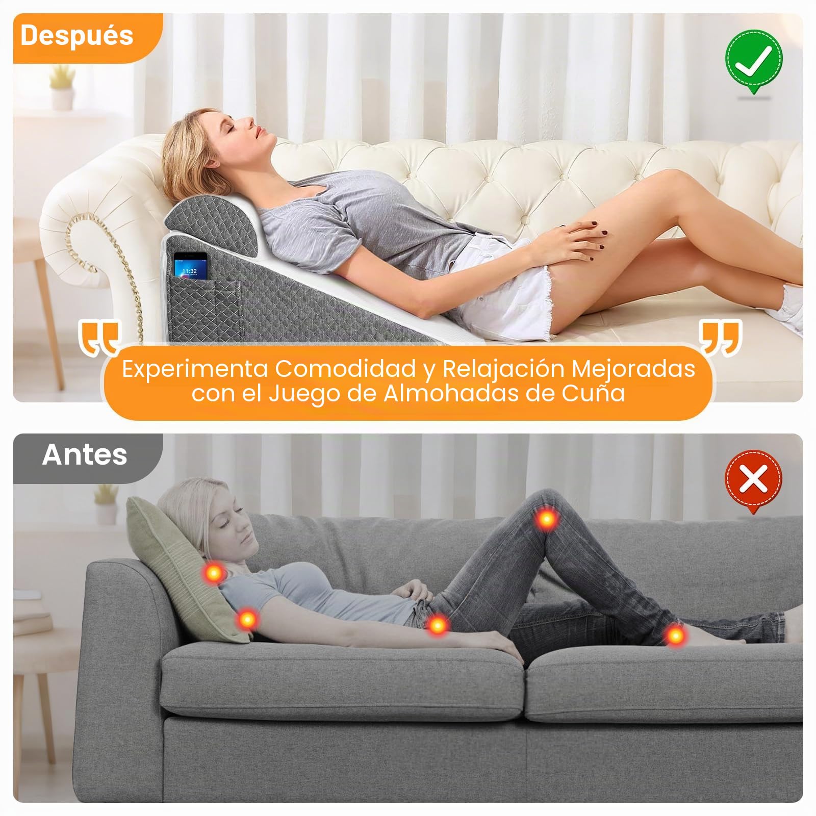 Cojín en cuña para cama, cojín antirreflujo para adultos con soporte para la espalda, ergonómico cojín triangular para el apoyo de la espalda, piernas y rodillas (espuma de alta densidad)