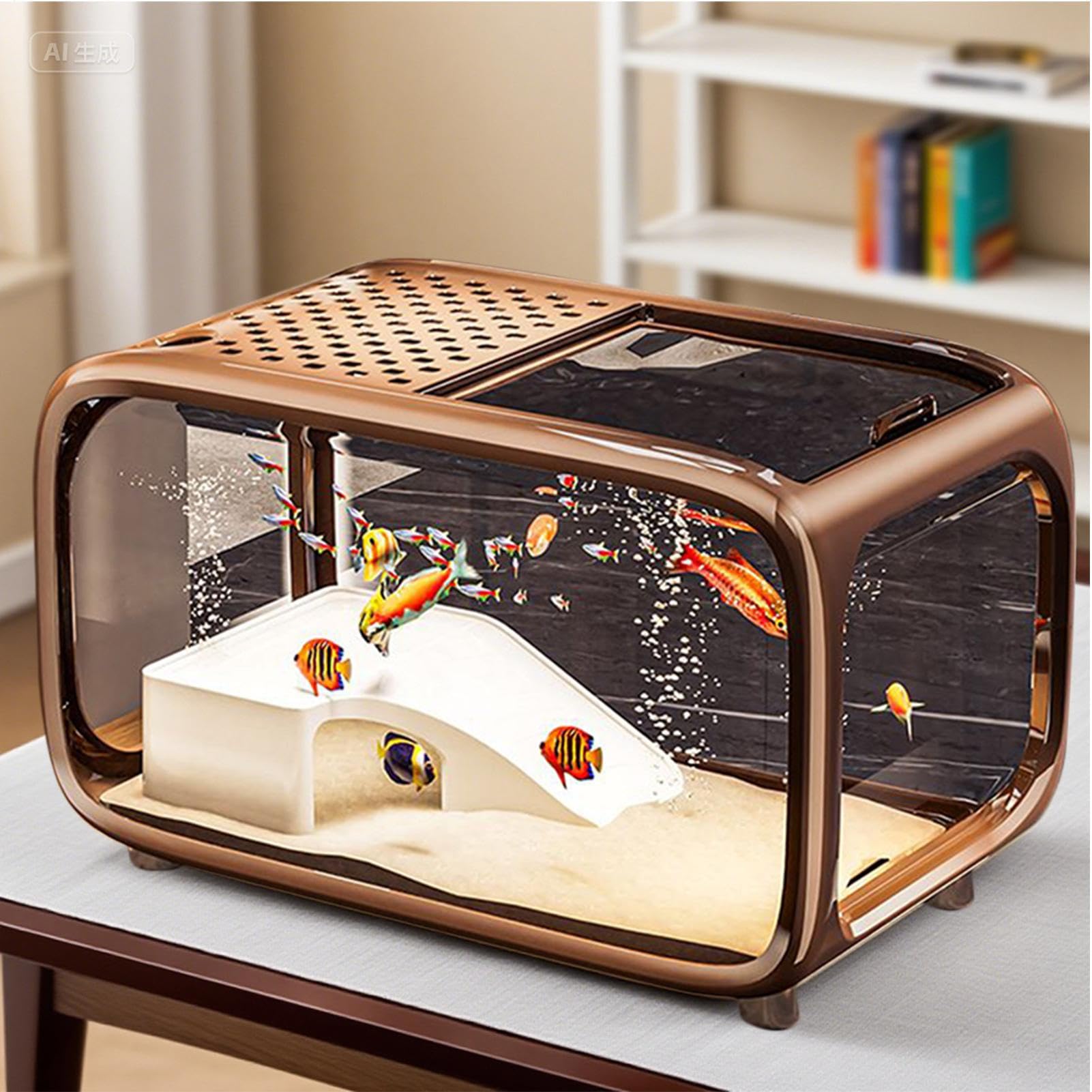 Acuario Para Peces Pecera De Escritorio Para Tortugas Con Decoración De | Recipiente De Paisaje Acrílico Transparente Con Orificio Para Alimentación Para Animales Acuáticos Como Betta