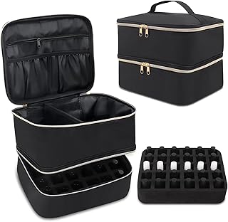 LIONVISON Nail Polish Carrying Case, Double Layers Nail Polish Storage Organizer Bag, Holds 30 Bottles Gel Nail Polish and 1 Led Nail Lamp, Travel Makeup Bag for Nail Art Tools (Black)