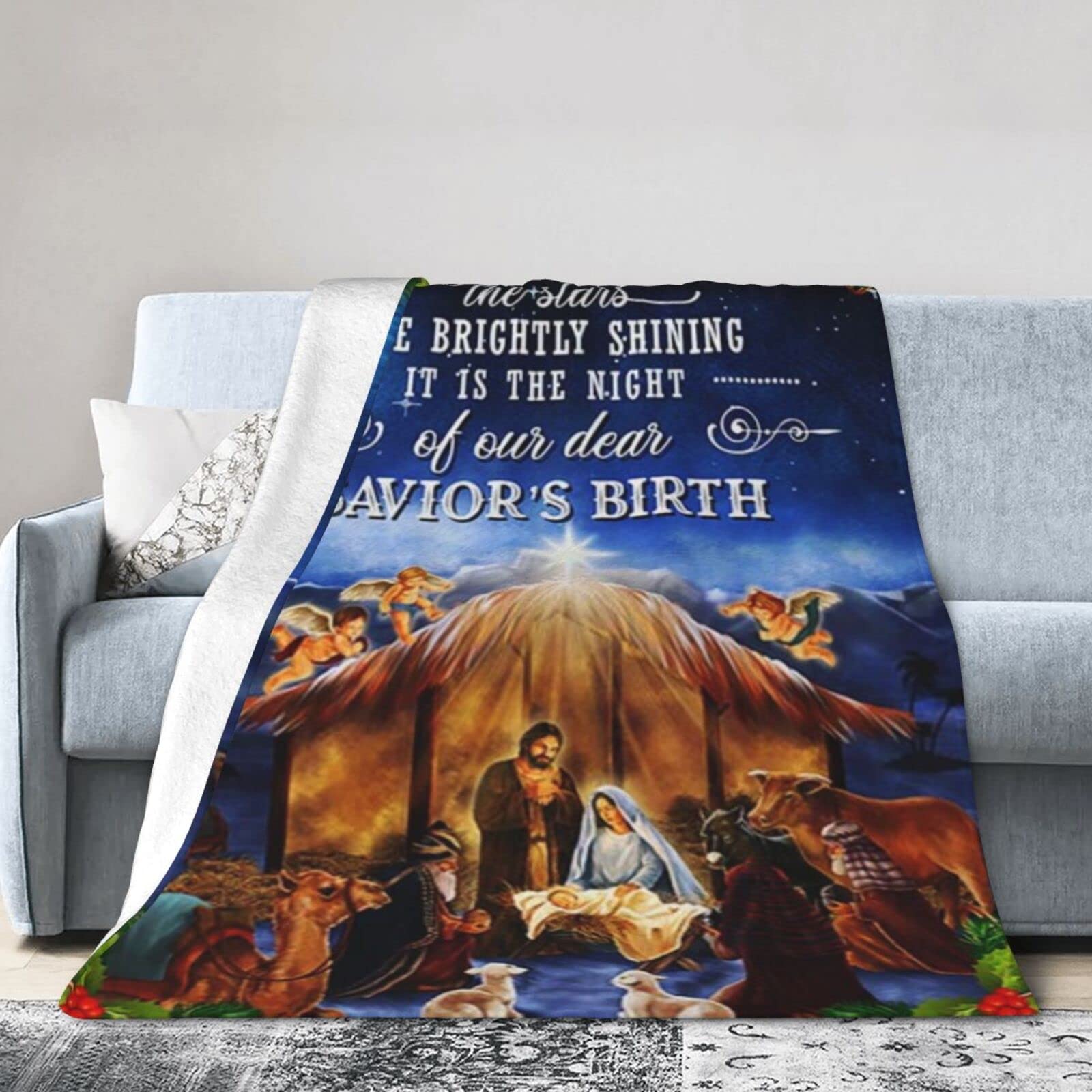 Lsjuee Christmas Flannel Fleece Blanket 40"X30" O Holy Night Nativity Sofa Throw Blanket Quality Ultra-Soft Travel Winter Blankets for Boys Keep Warm