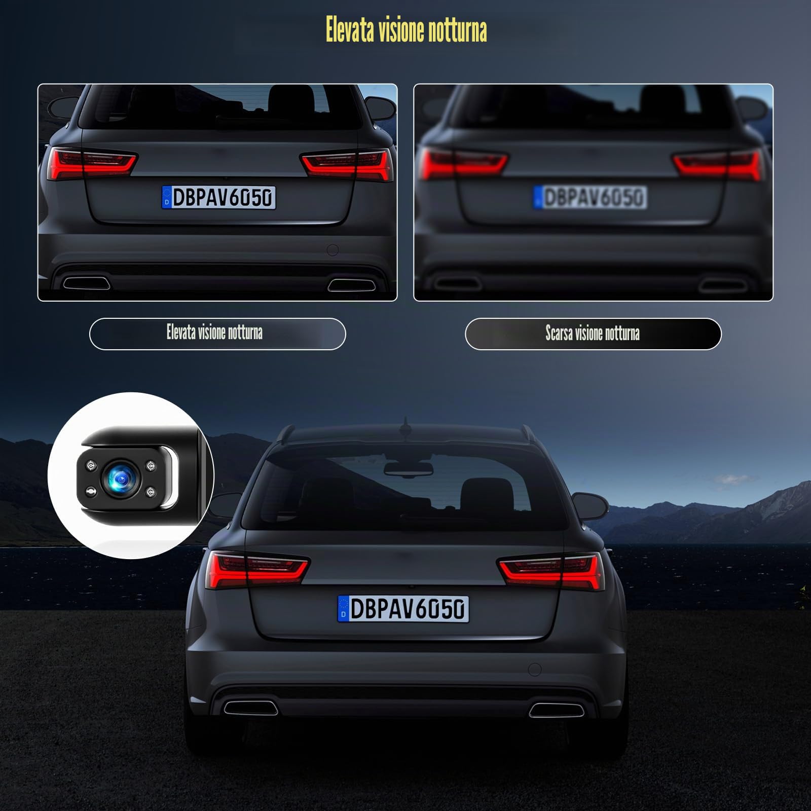 4 Canali Dash Cam Auto 360 Gradi Dashcam, 3 Pollici Telecamera per Auto con 8 IR Visione Notturna, Registrazione in Loop, Assistente di parcheggio