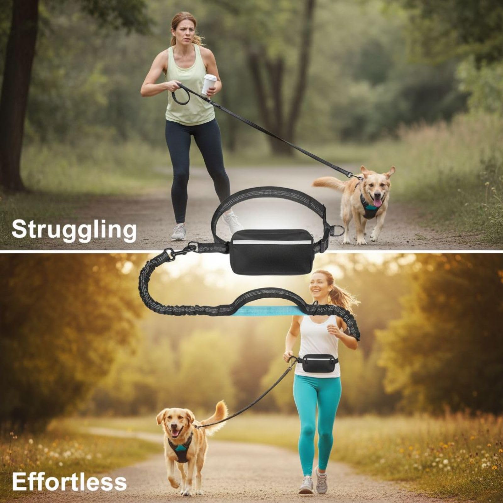 Laisse pour Chien Mains Libres avec Double Anneau en D, Pochette zippée, Double Cordon élastique, Ceinture réglable de 125 à 195 cm, Coutures réfléchissantes, verrou Robuste pour Course et
