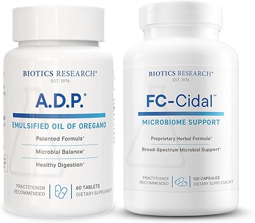 Biotics Research A.D.P. Aceite de orégano para limpieza gastrointestinal y apoyo antioxidante + mezcla de hierbas FC-Cidal para revestimiento