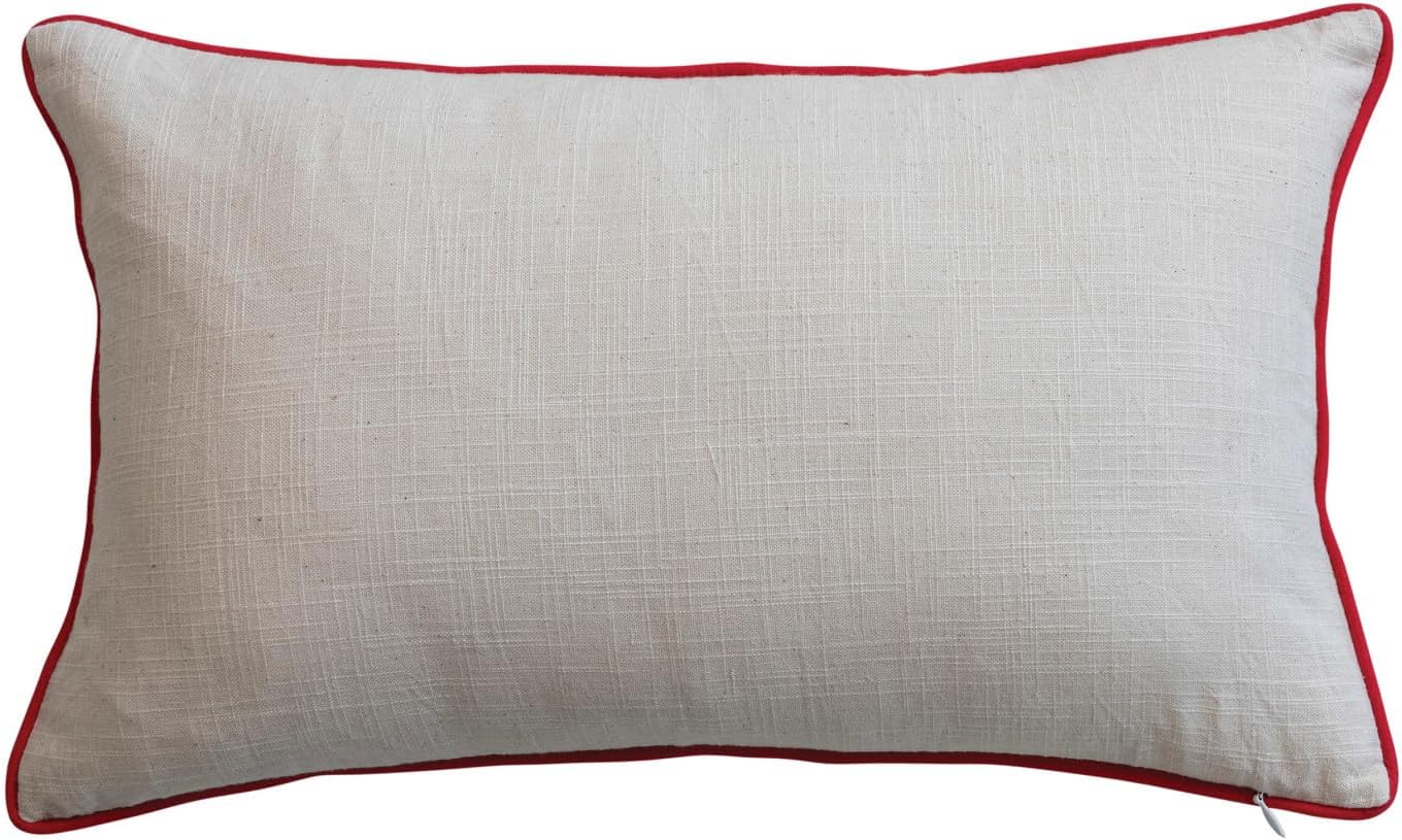 Creative Co-Op Cotton Slub Printed Lumbar Pillow with Embroidery and Red Piping How to FA LA LA, Multicolor