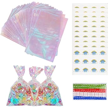 Set of 120 Clear Cellophane Bags 15.1 x 10 cm OPP for Biscuits With colourful binding wires and round stickers suitable for cookies sweets baked goods and small gifts