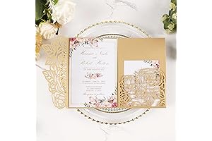 50 Gold Laser Cut Wedding Invitations Card Pocket with Envelope and RSVP Cards