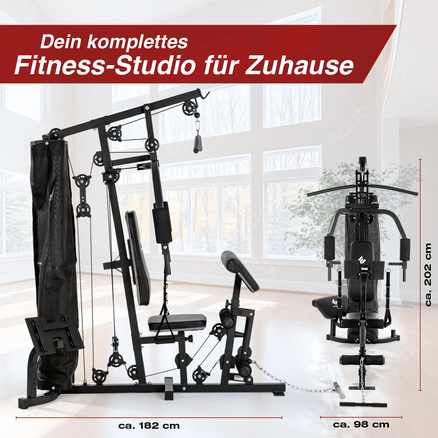 FitEngine Kraftstation | Multifunktions-Homegym für den ganzen Körper | Gewichte bis zu 67 kg einstellbar, mit Latzugstange, Beinpresse, Bizepscurl-Polster u.v.m. | Hochwertiges Stahlmaterial