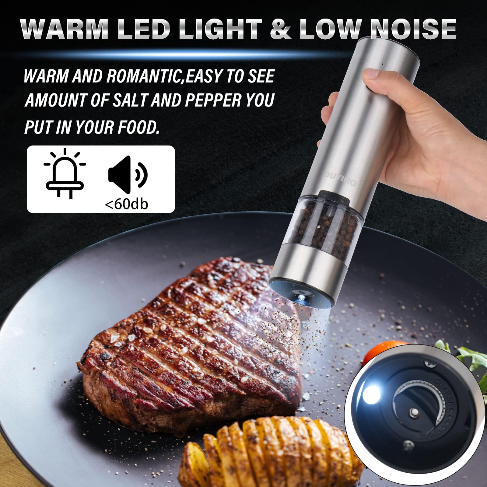Elektrische Salz- und Pfeffermühle Set mit Dual-Ladebasis, Edelstahl Automatische Salz- und Pfefferstreuer, Externe Einstellbare Grobheit, Wiederaufladbare Pfeffermühlen mit LED-Licht, Silber