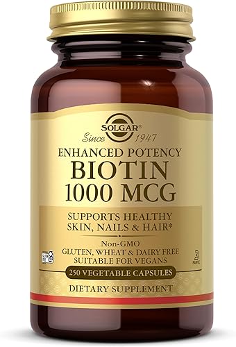 Solgar Biotin 1000 mcg, 250 cápsulas vegetales - Apoya la piel, las uñas y el cabello saludables - Metabolismo energético - Potencia mejorada - Sin