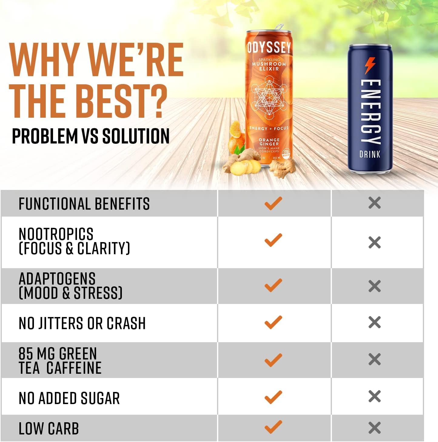 Odyssey Elixir Sparkling Adaptogen Drink, Low Calorie Drinks with L Theanine, Lions Mane, Cordyceps and Green Tea Caffeine for Energy and Focus, Non-GMO, Vegan,12 Fl oz, 4 Pack (Orange Ginger)