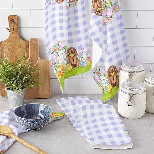 Miniatura 7 de Image Duvet 2 Pack Cotton Kitchen Dish Cloths Towels, Purple Plaid Bunny Flower Green Grass Animals Easter Day 18 x28 Inch Soft Absorbent Kitchen