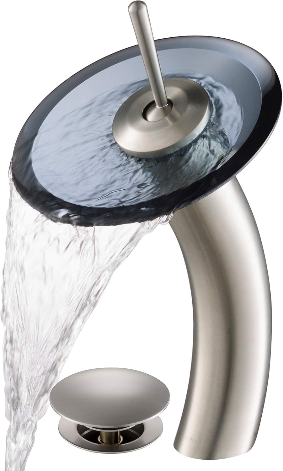 Kraus Single Lever Vessel Glass Waterfall Bathroom Faucet Satin Nickel with Black Clear Glass Disk and Matching Pop Up Drain