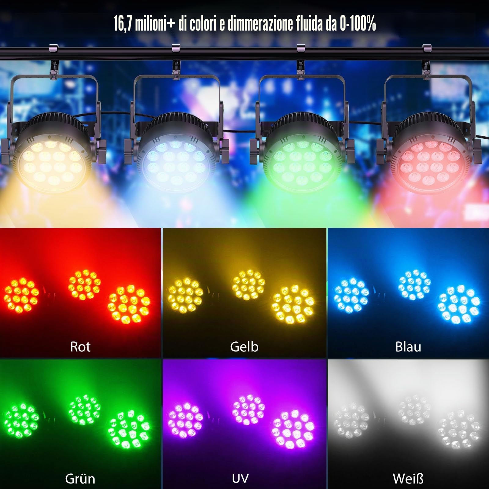 RGBW 200W Par LED IP65, 14 LED Faretto Luce da Palco Impermeabile con Stroboscopio, Illuminazione Discoteca per Feste Eventi Giornate di Pioggia Spettacoli DJ Esibizioni Festival