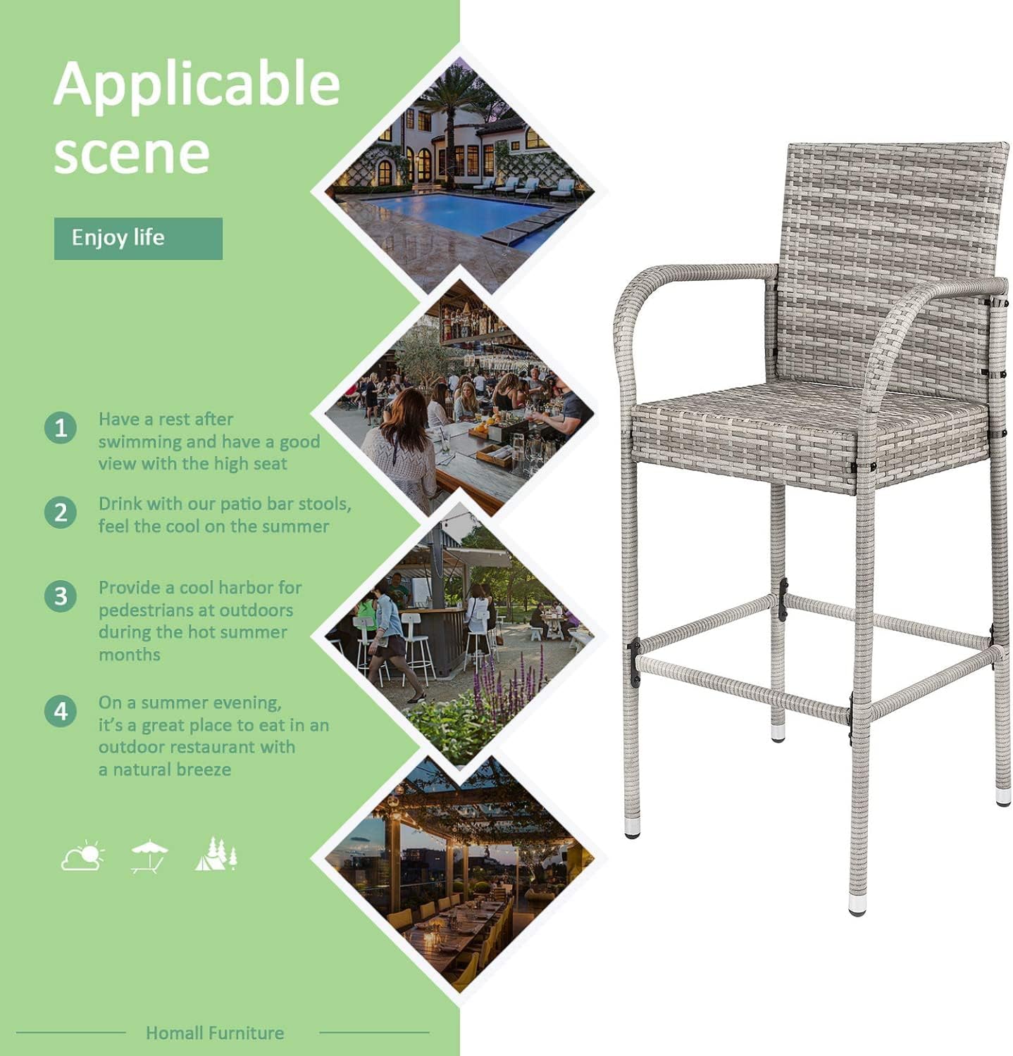 Homall Patio Bar Stools Wicker Barstools Indoor Outdoor Bar Stool Patio Furniture with Footrest and Armrest for Garden Pool Lawn Backyard Set of 2 (Gray)