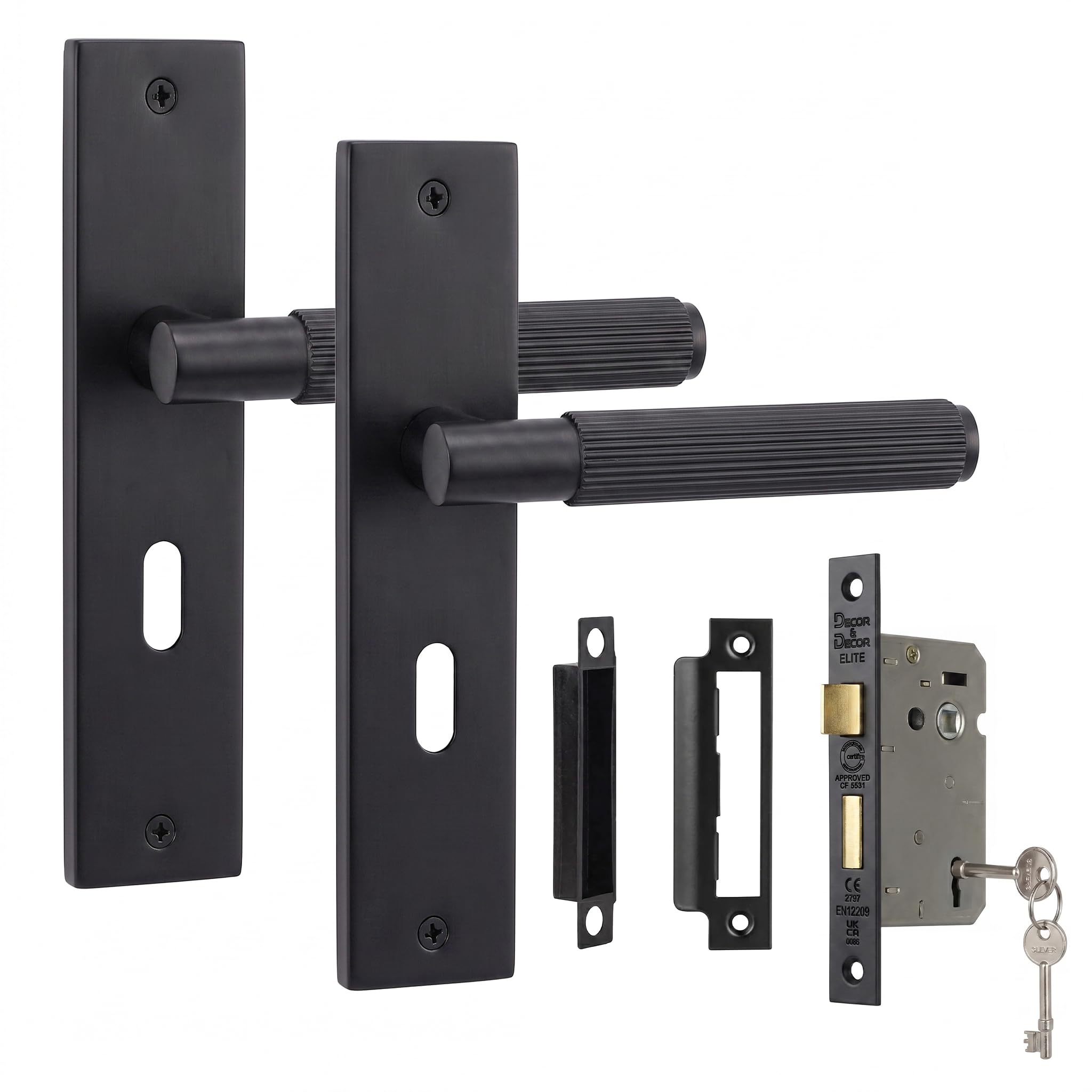 Decoranddecor Hera Matt Black Backplate Door Handles, Sash Lock Kit 76mm โ image 1