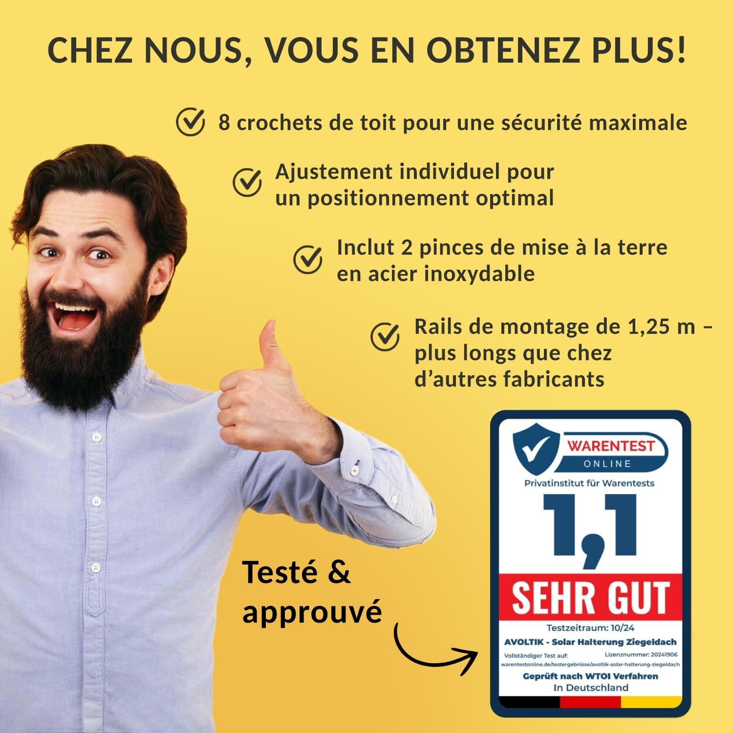 Support solaire pour toit en tuiles | Kit de montage pour 2 panneaux I Lot de crochets de toit en acier inoxydable 3 fois fixés. Pinces de rail de montage en aluminium