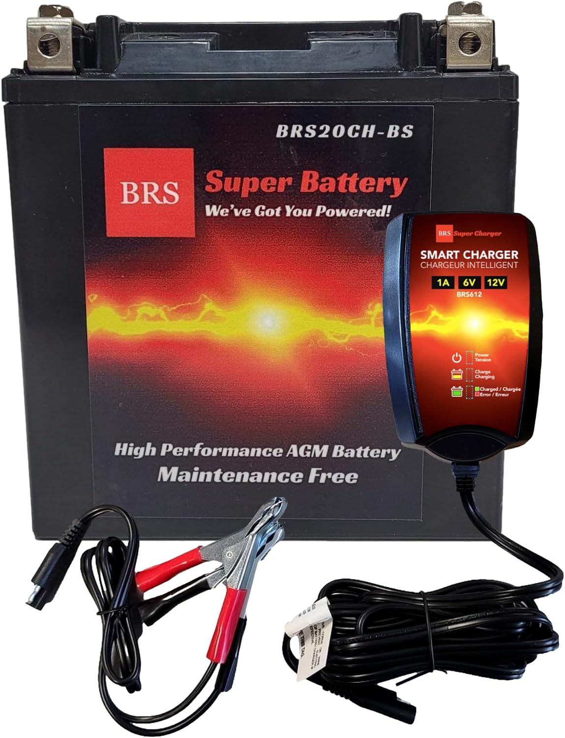 BRS20CH-BS 12V AGM Battery & Smart Charger Kit – 270 CCA – Maintenance-Free Replacement for YTX20CH-BS, 20CH-BS – ATV, Motorcycle, Snowmobile, UTV – Arrives Fully Charged