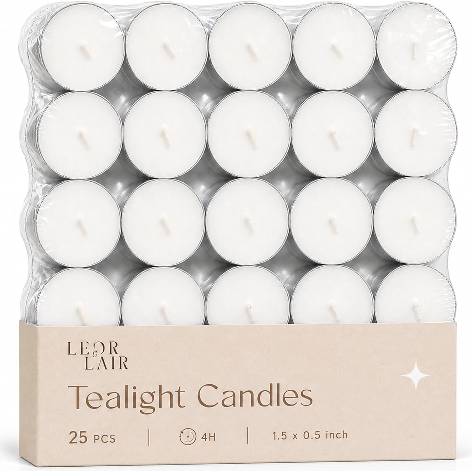 Leor & Lair Tea Lights Candles, 25 Pack, 4 Hour Long Burn Tealight Candles