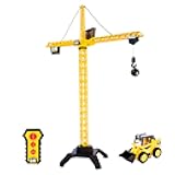 Cat Construction Workforce Jumbo Tower Crane Set, 50-Inch RC Crane Toy with 360-Degree Rotation, Hook and Wrecking Ball, Light, Skid Steer and 4