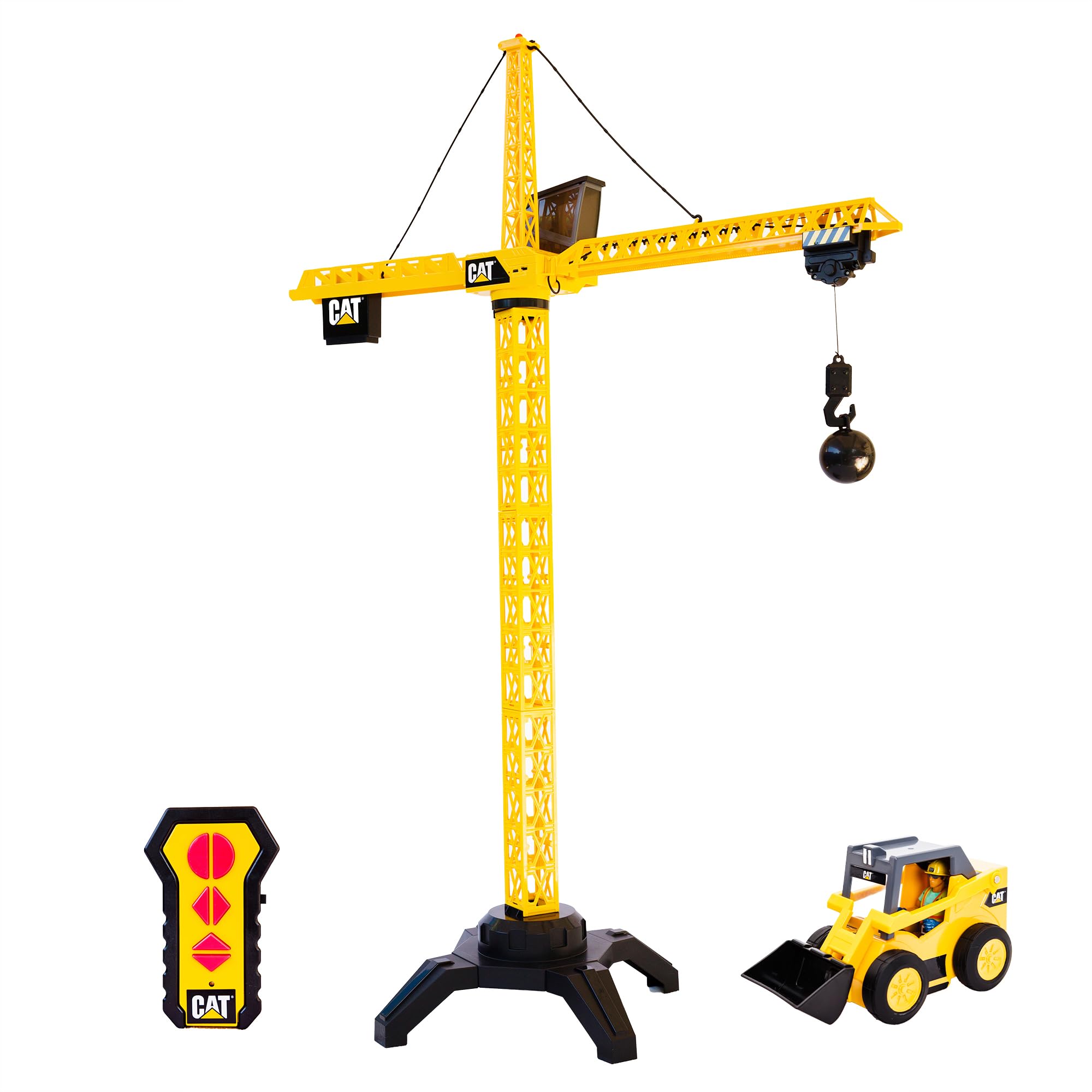 Cat Construction Workforce Jumbo Tower Crane Set, 50-Inch RC Crane Toy with 360-Degree Rotation, Hook and Wrecking Ball, Light, Skid Steer and 4"