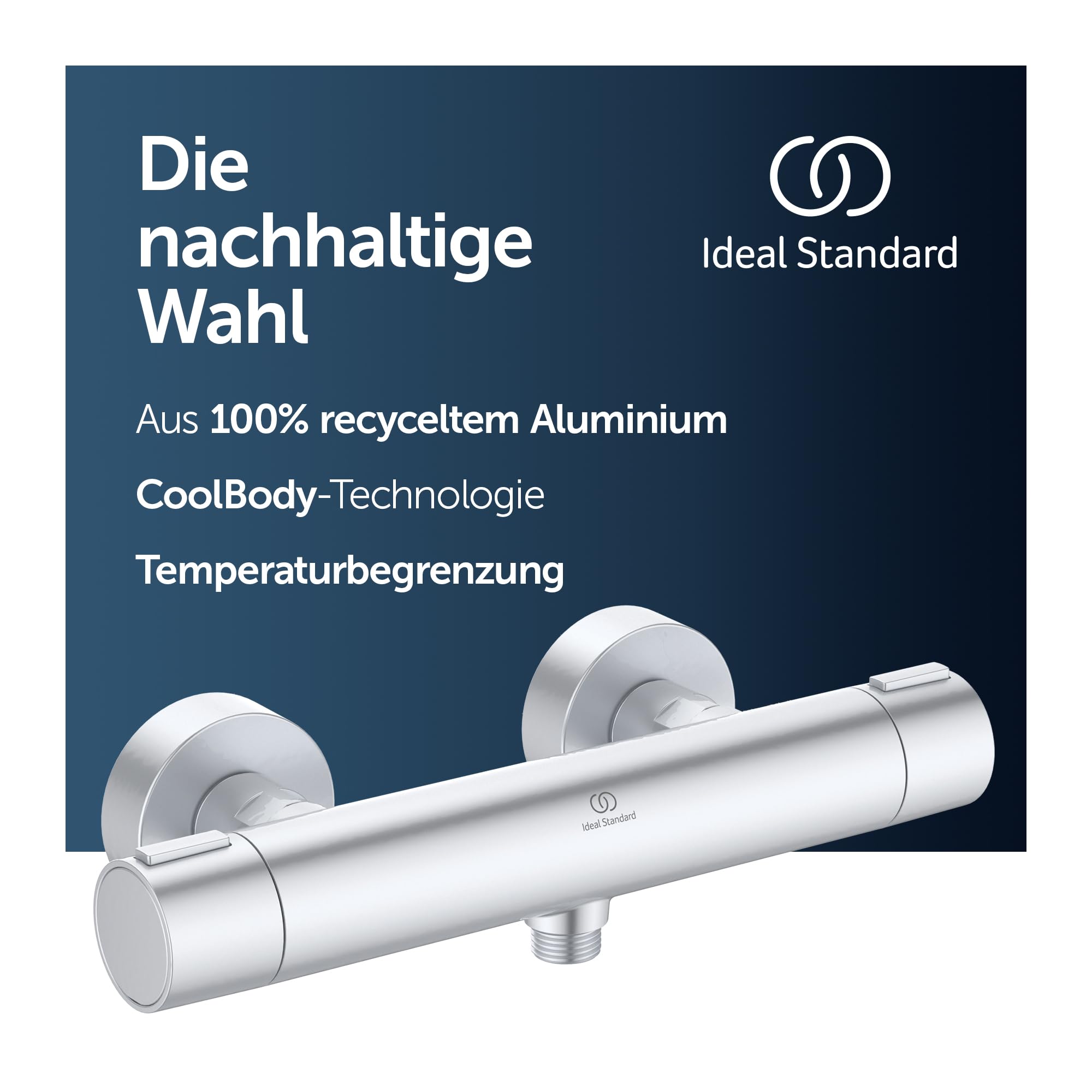 Ideal Standard Ceratherm Alu+ Brausethermostat, Hergestellt aus 100% recyceltem Aluminium, Wasser- und Energiesparend, Thermostatfunktion und Verbrühschutz – Silber (292x105x72 mm)